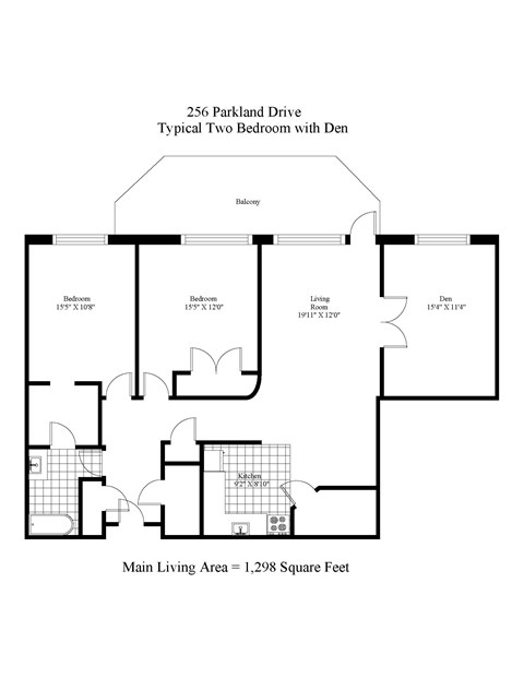 Floor plan for 2 beds, 1 bath, 1296 sqft